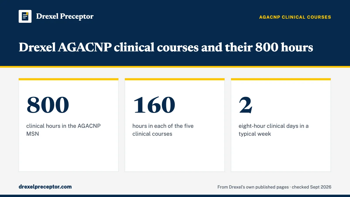 Drexel AGACNP clinical courses and their 800 hours. 800: clinical hours in the AGACNP MSN; 160: hours in each of the five clinical courses; 2: eight-hour clinical days in a typical week.