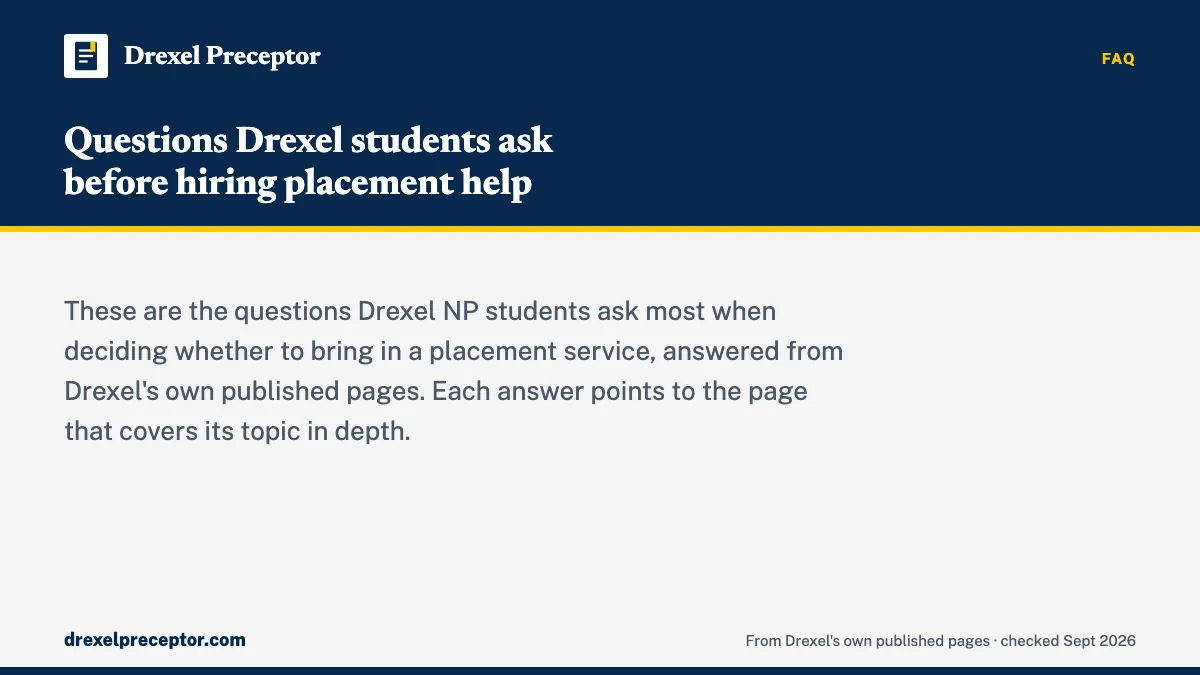 Questions Drexel students ask before hiring placement help. These are the questions Drexel NP students ask most when deciding whether to bring in a placement service, answered from Drexel's own published pages. Each answ